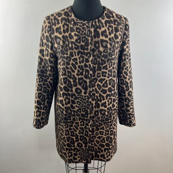 Zara Black Tan Overcoat Leopard Round Neck Snap Button Long Sleeve Size Small S - Picture 2 of 8